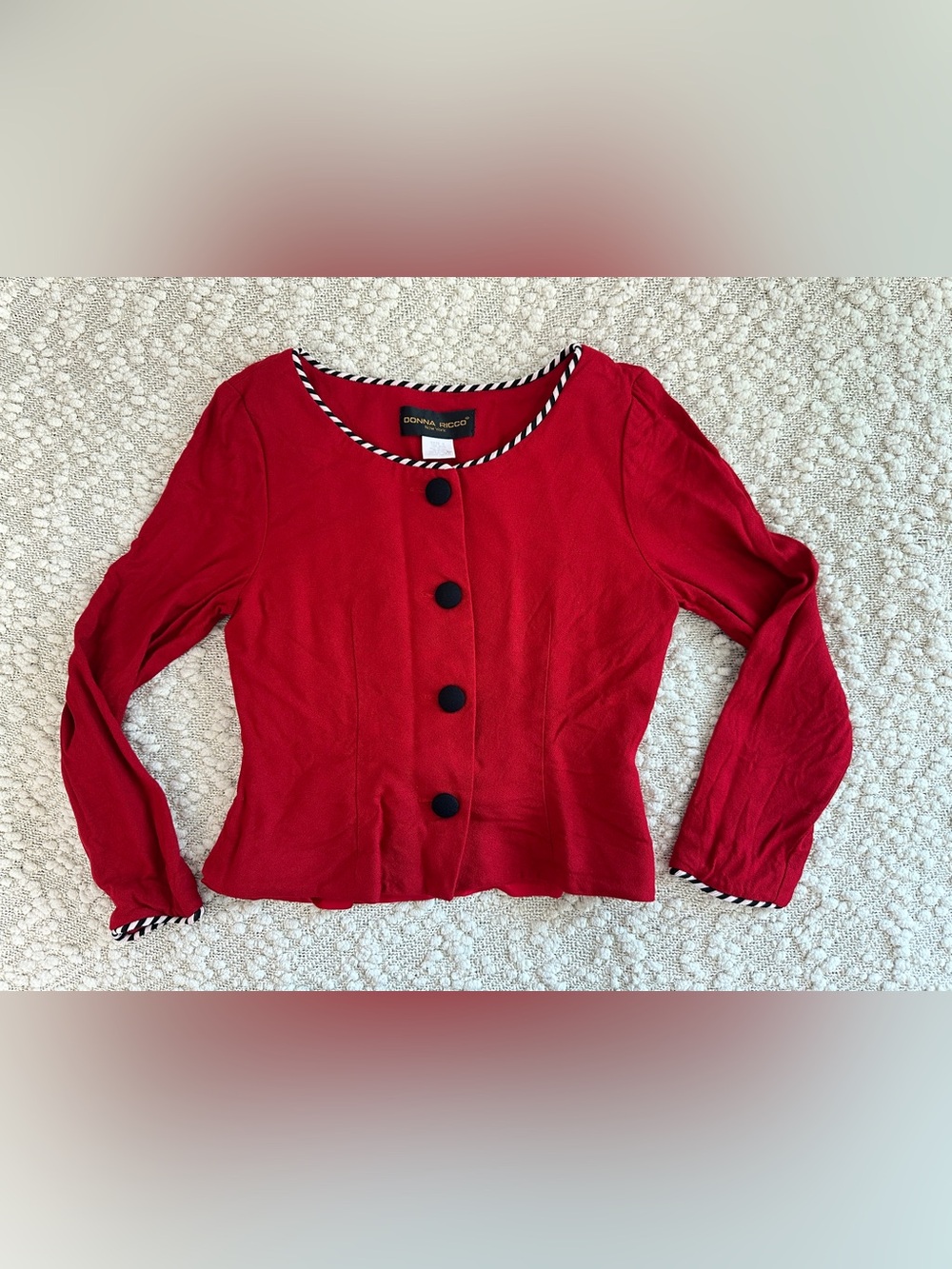 Vintage 90s Donna Ricco Red Button Front Peplum Blouse Striped Trim Size 6 USA